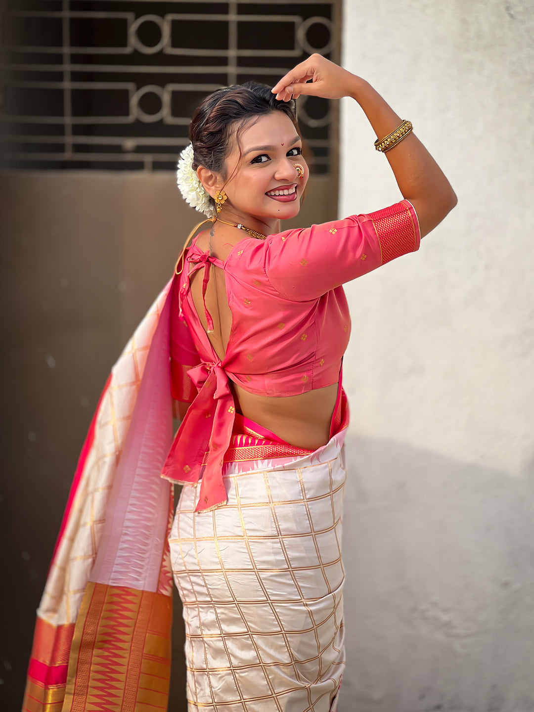Cream soft silk checks traditional zari contrast woven saree
