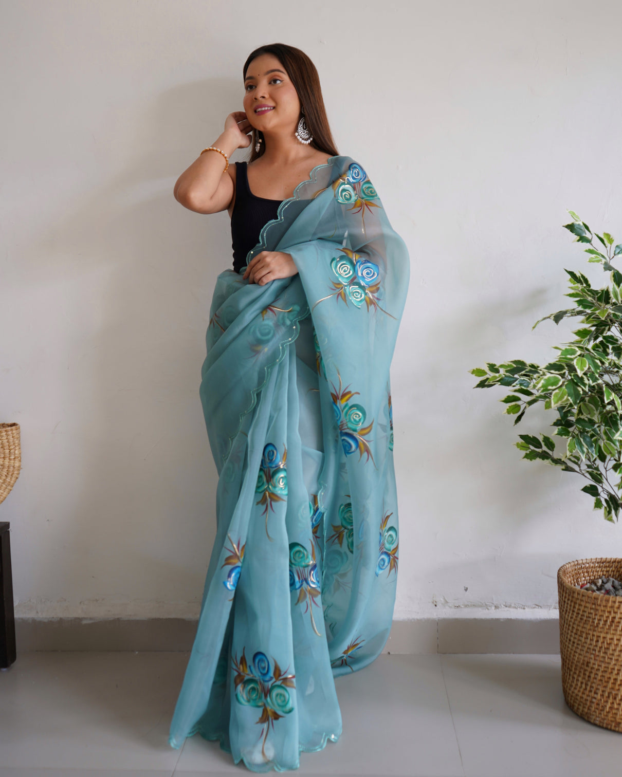 Slate Blue Saree in Organza Hand Painted Floral