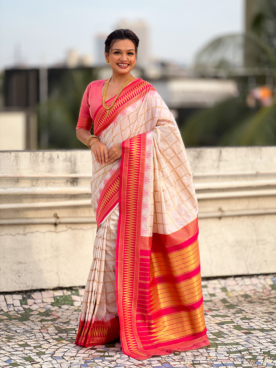 Cream soft silk checks traditional zari contrast woven saree