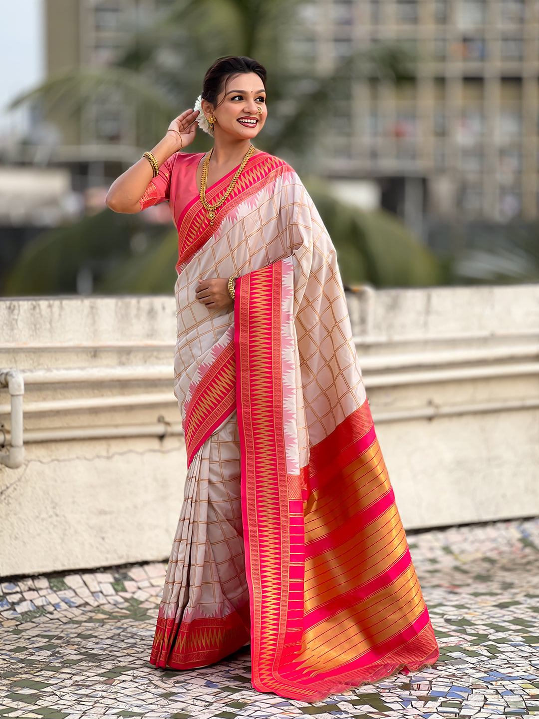 Cream soft silk checks traditional zari contrast woven saree