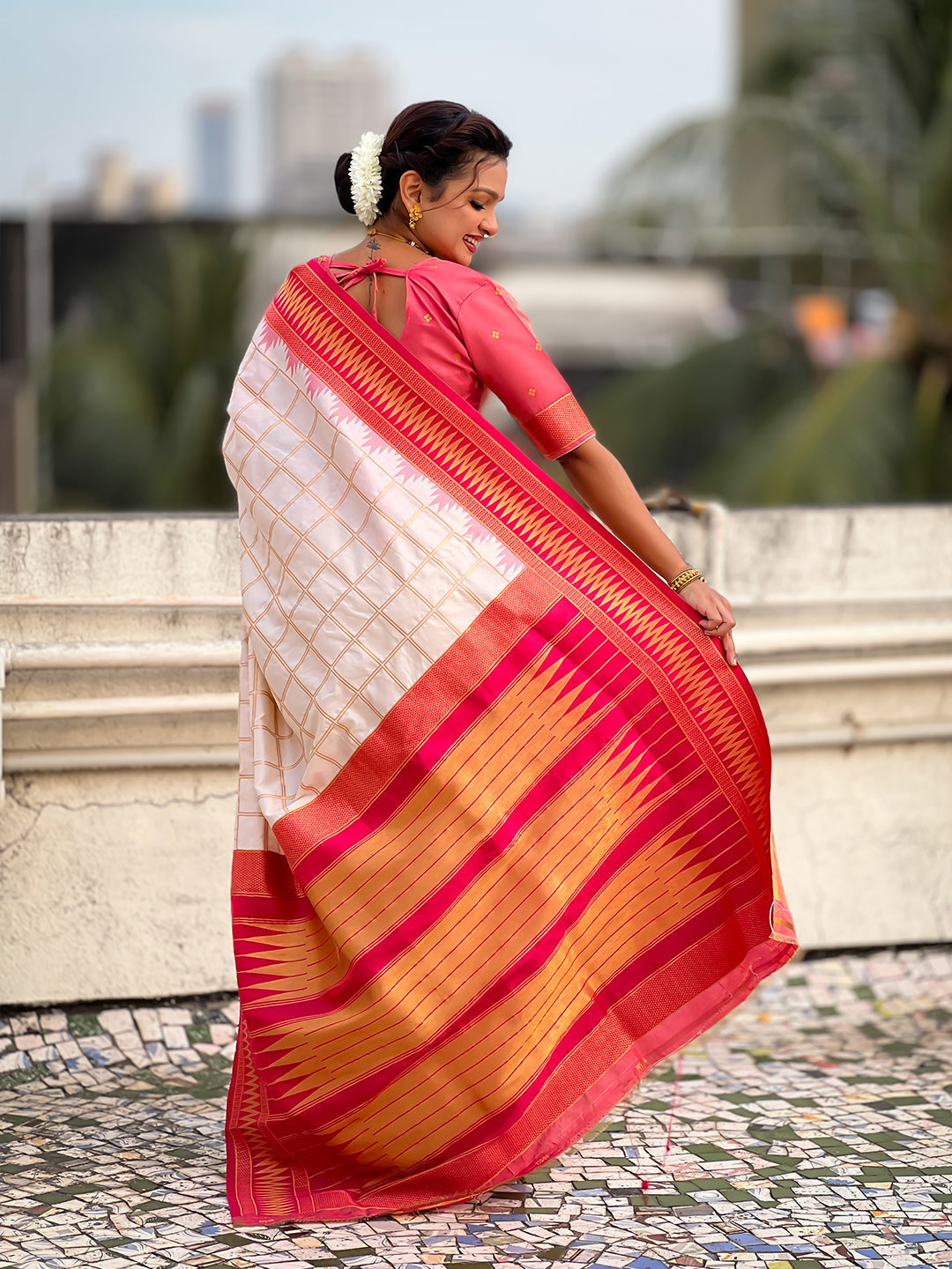 Cream soft silk checks traditional zari contrast woven saree