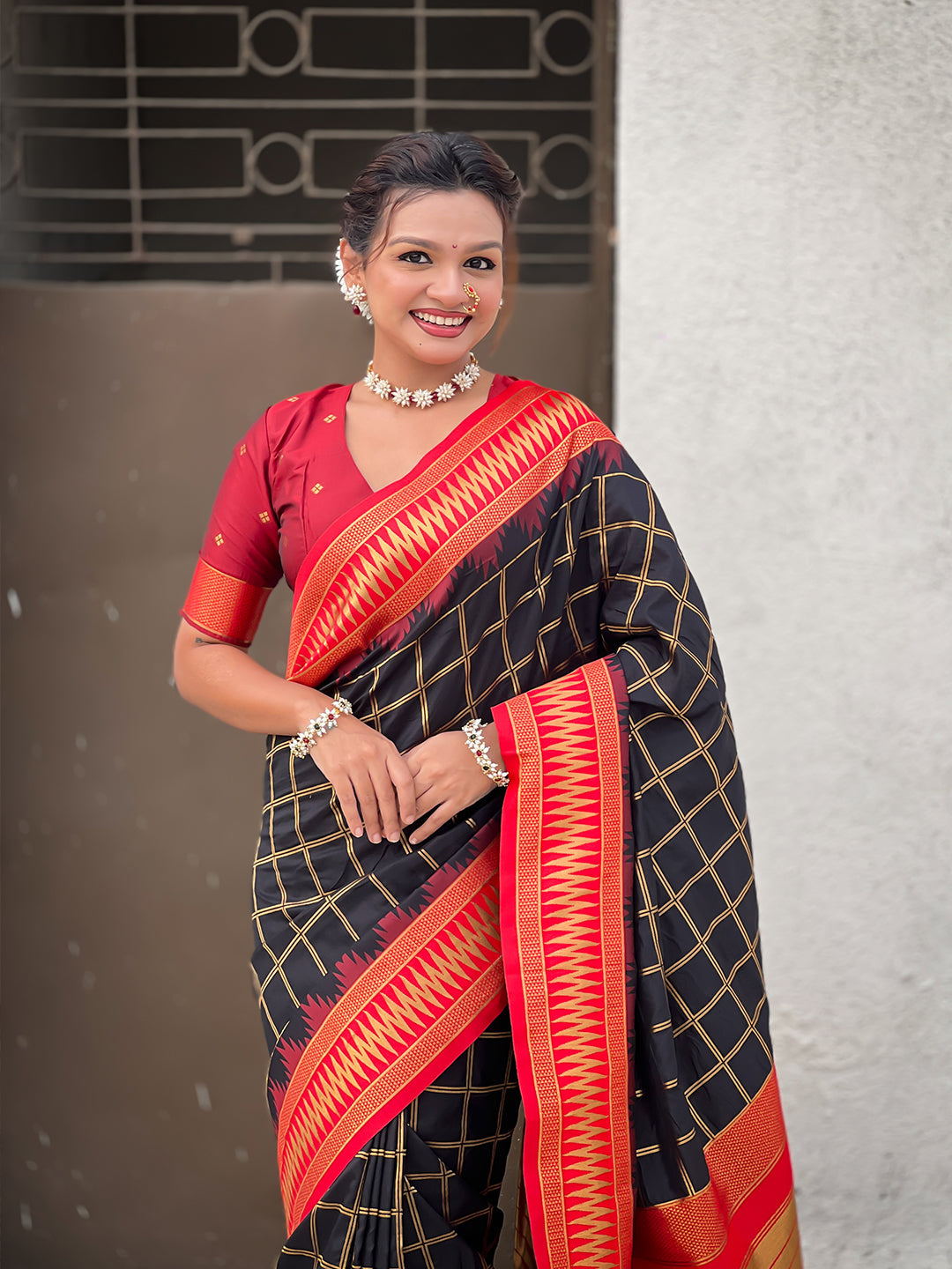 Black soft silk checks traditional zari contrast woven saree