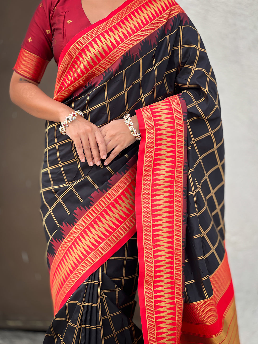 Black soft silk checks traditional zari contrast woven saree