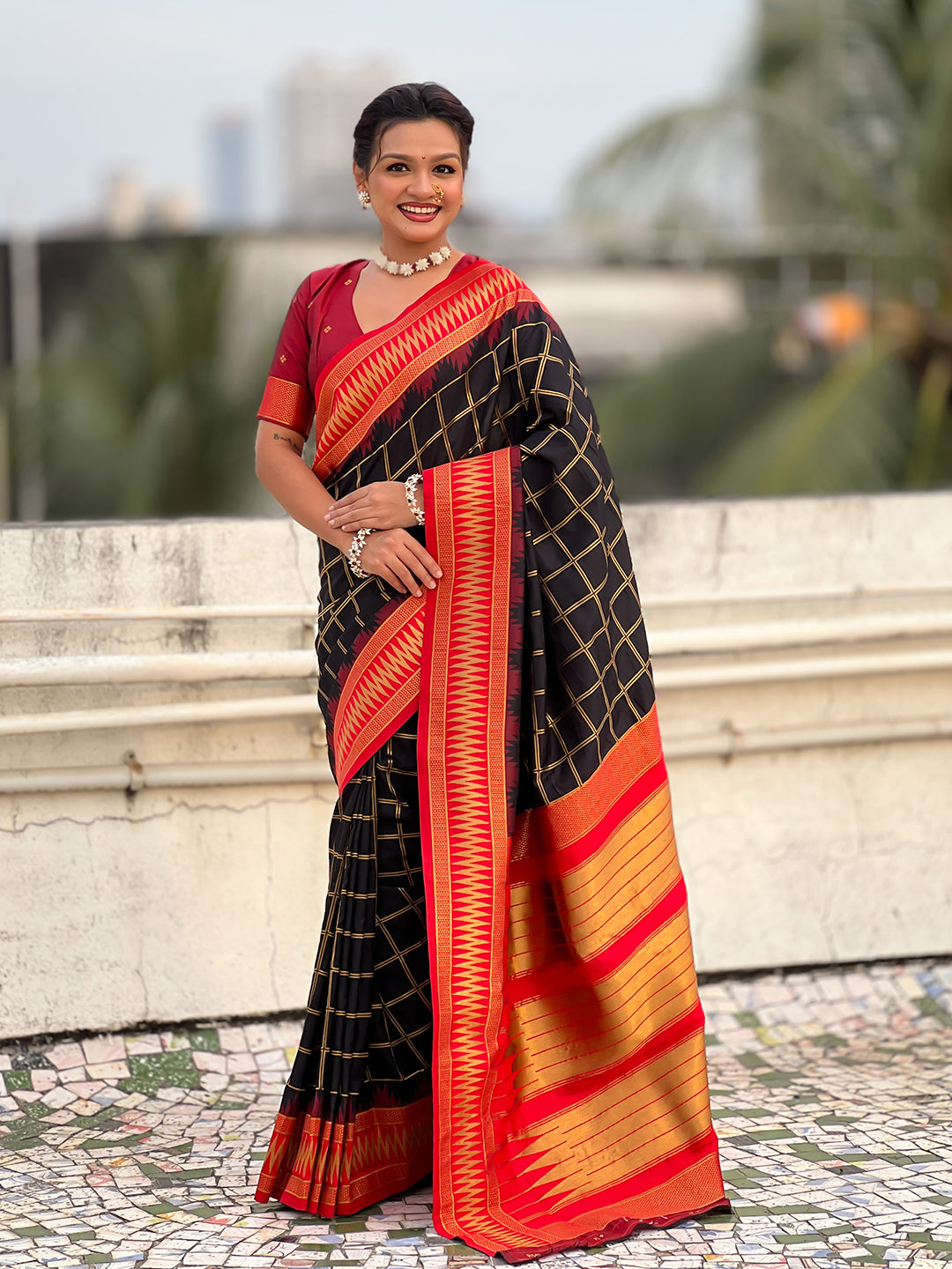 Black soft silk checks traditional zari contrast woven saree