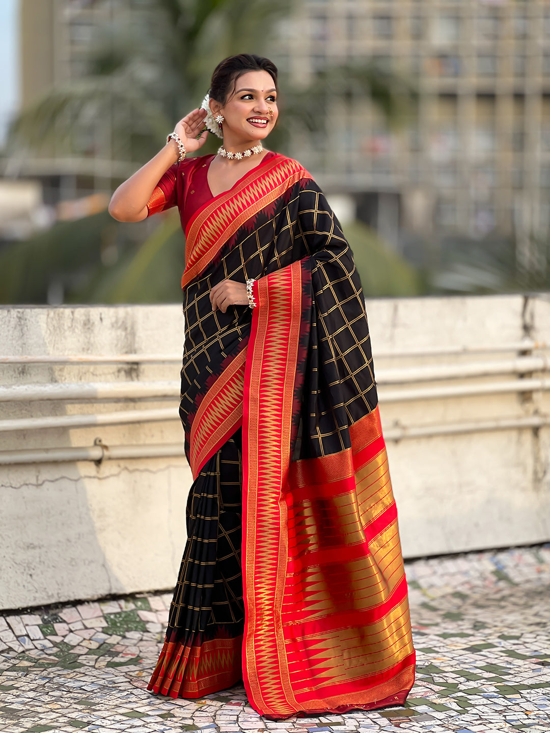 Black soft silk checks traditional zari contrast woven saree