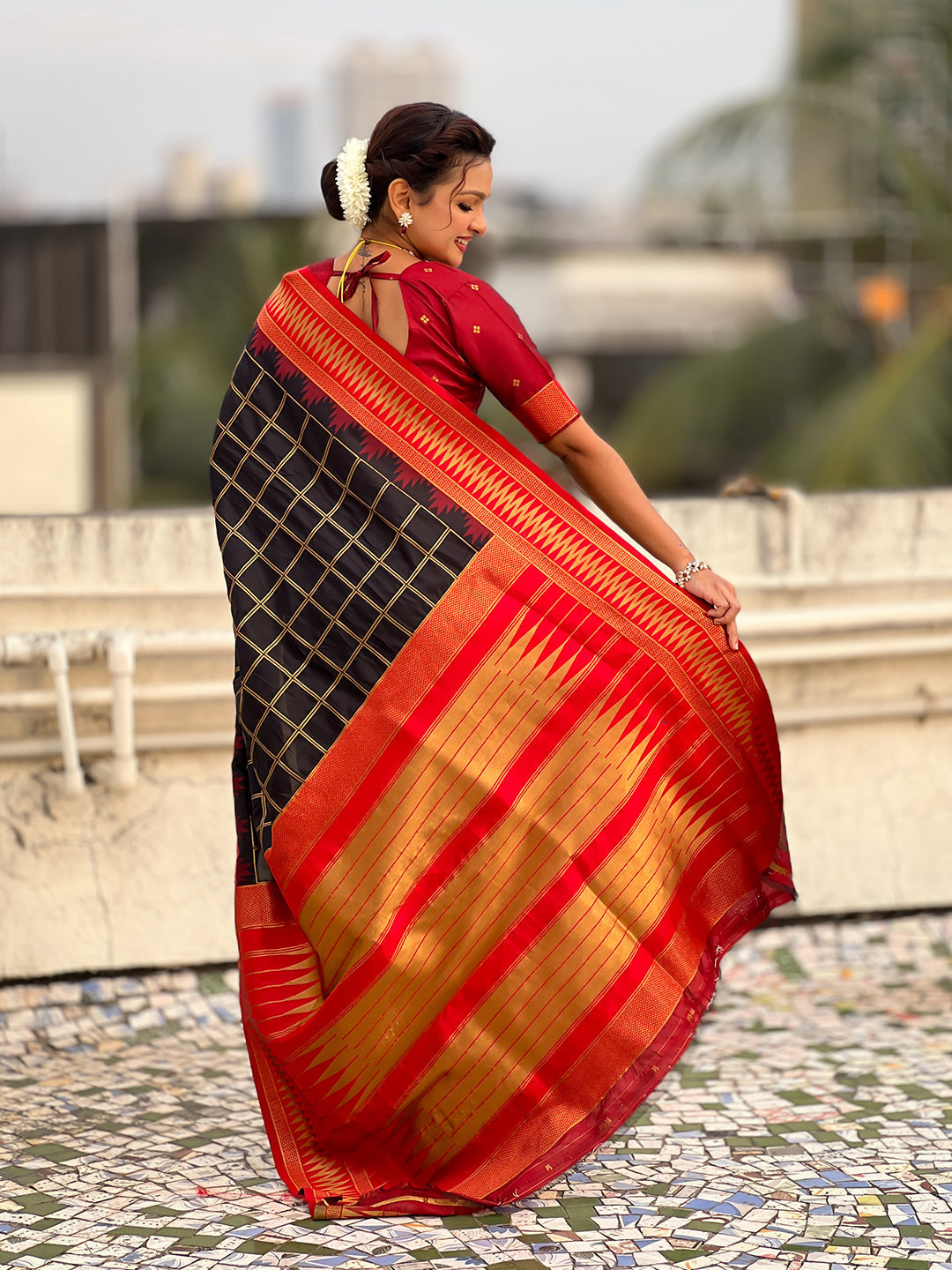 Black soft silk checks traditional zari contrast woven saree