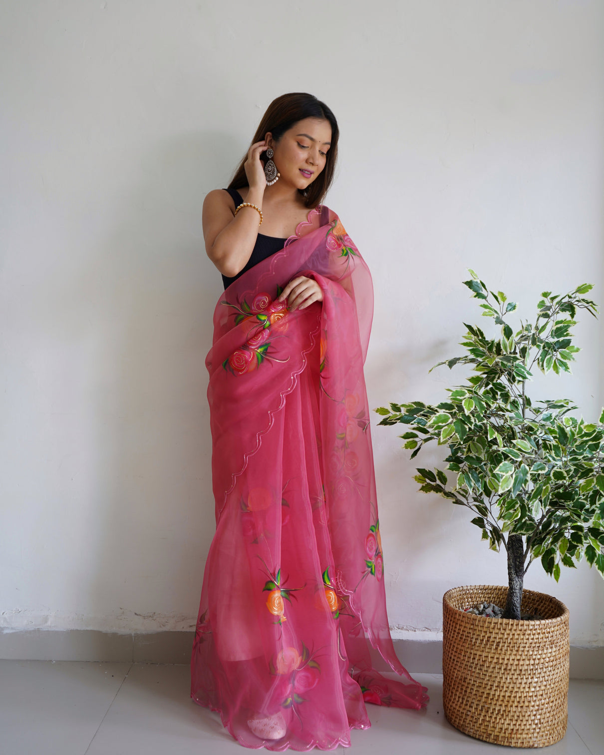 Raspberry Rose Saree in Organza Hand Painted Floral