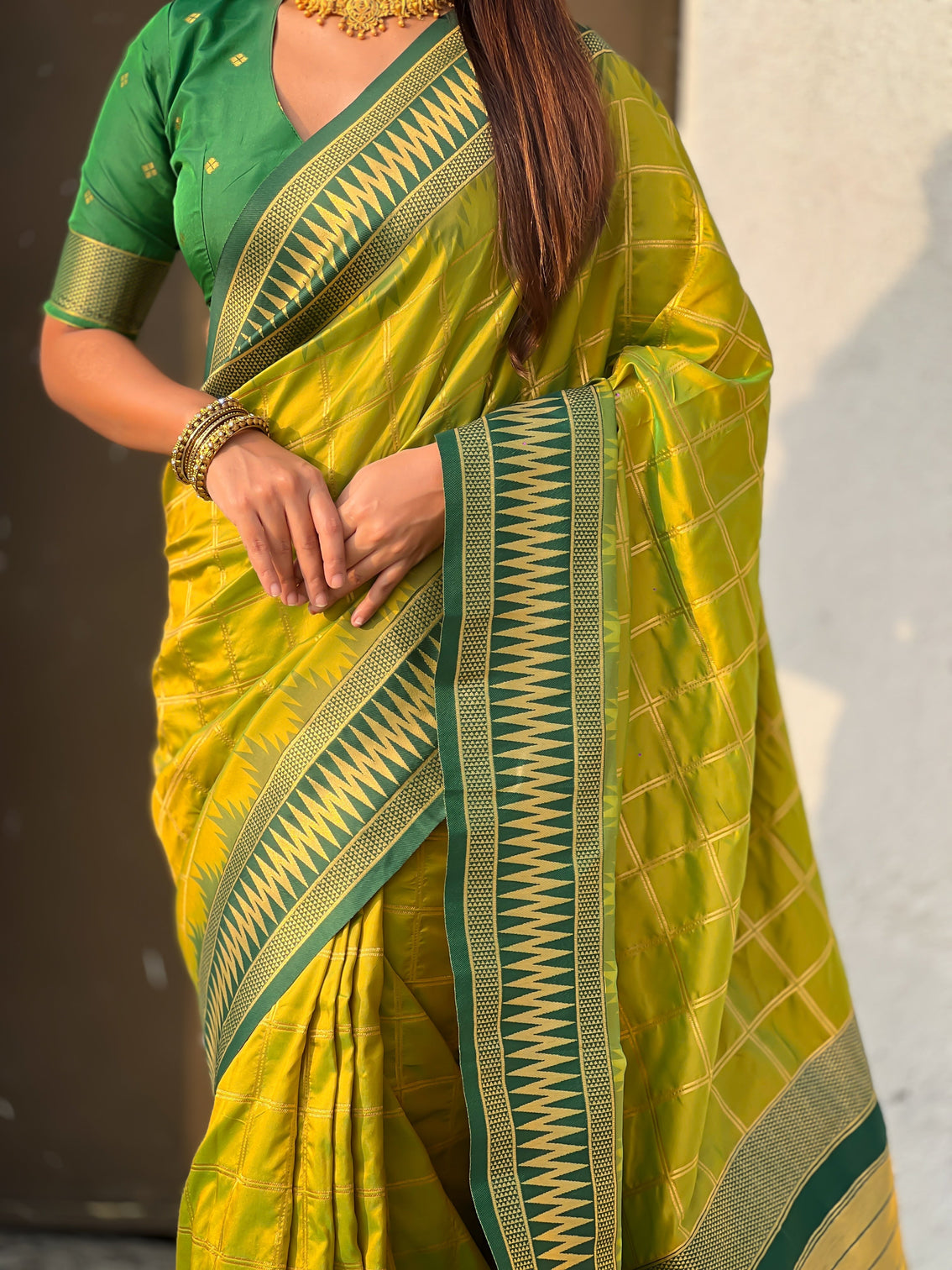 Mehendi green soft silk checks traditional zari contrast woven saree