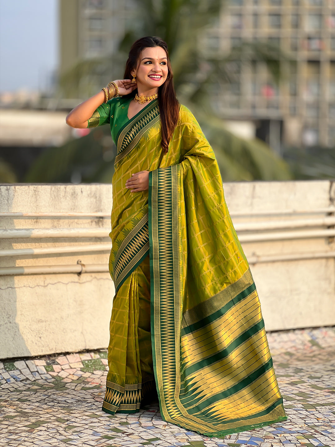 Mehendi green soft silk checks traditional zari contrast woven saree