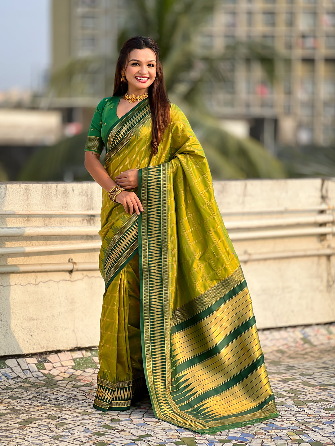 Mehendi green soft silk checks traditional zari contrast woven saree