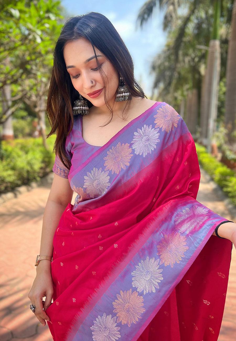 Hot pink soft silk floral border zari woven saree