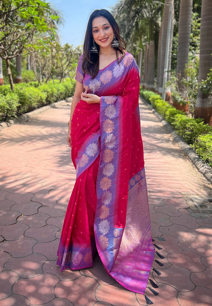 Hot pink soft silk floral border zari woven saree