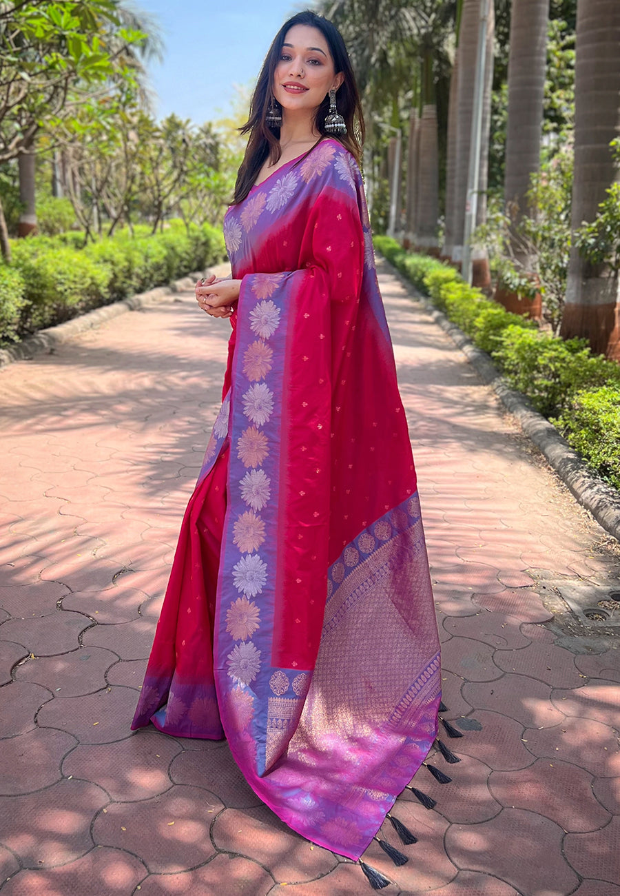 Hot pink soft silk floral border zari woven saree