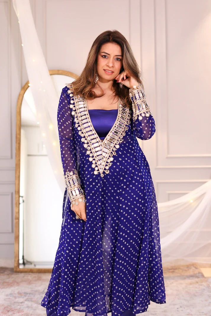 Designer mirror work anarkali suit set for women georgette fabric available in mehendi green royal blue black wine purple