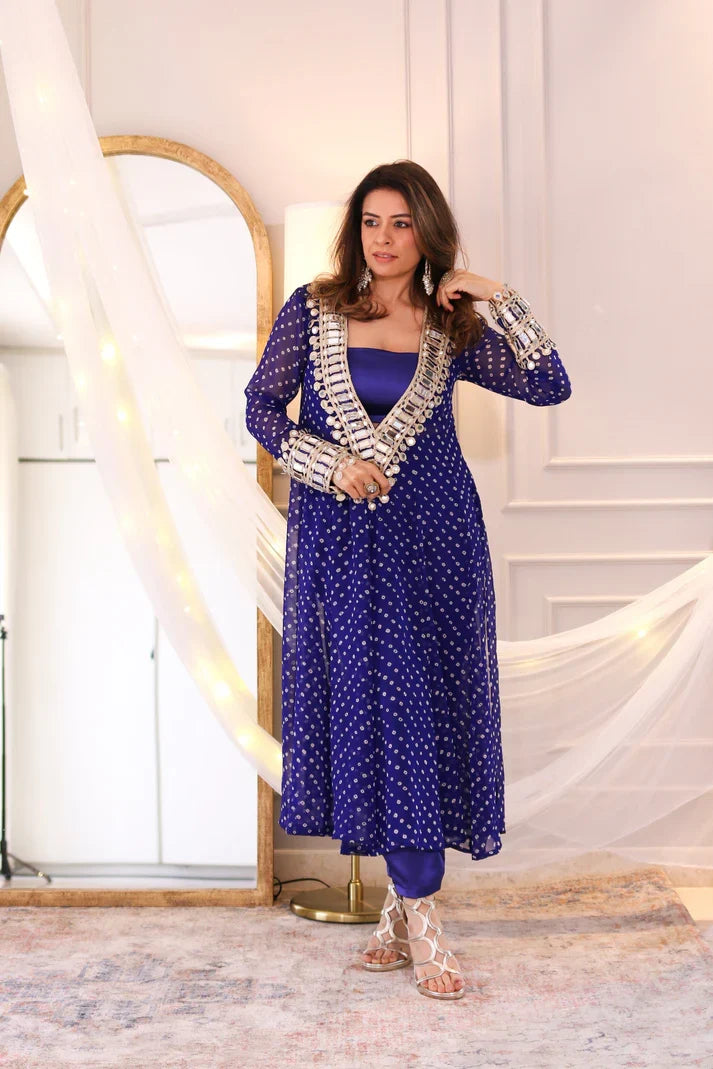Designer mirror work anarkali suit set for women georgette fabric available in mehendi green royal blue black wine purple