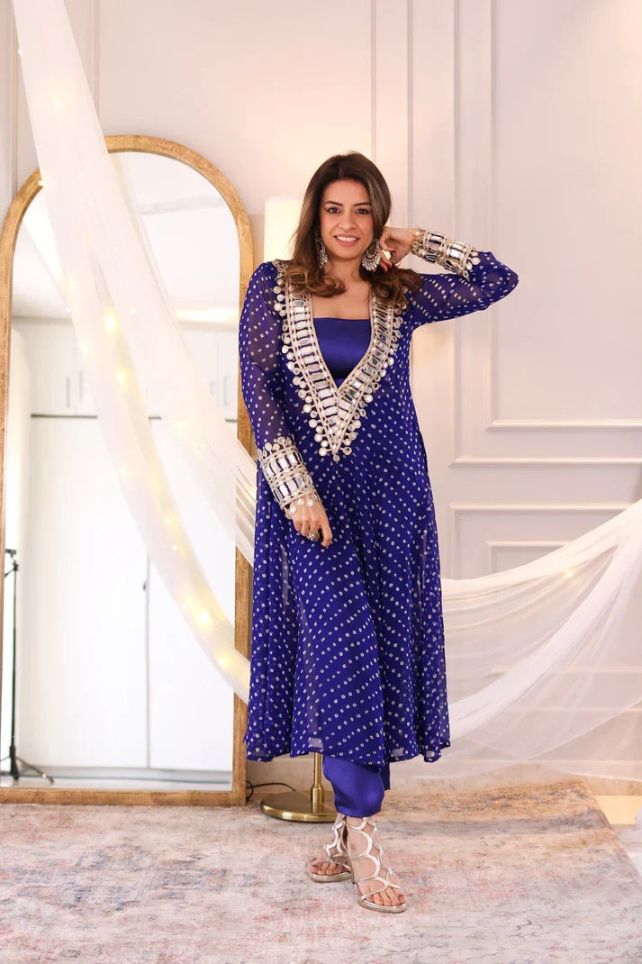 Designer mirror work anarkali suit set for women georgette fabric available in mehendi green royal blue black wine purple