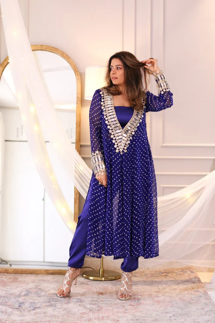 Designer mirror work anarkali suit set for women georgette fabric available in mehendi green royal blue black wine purple
