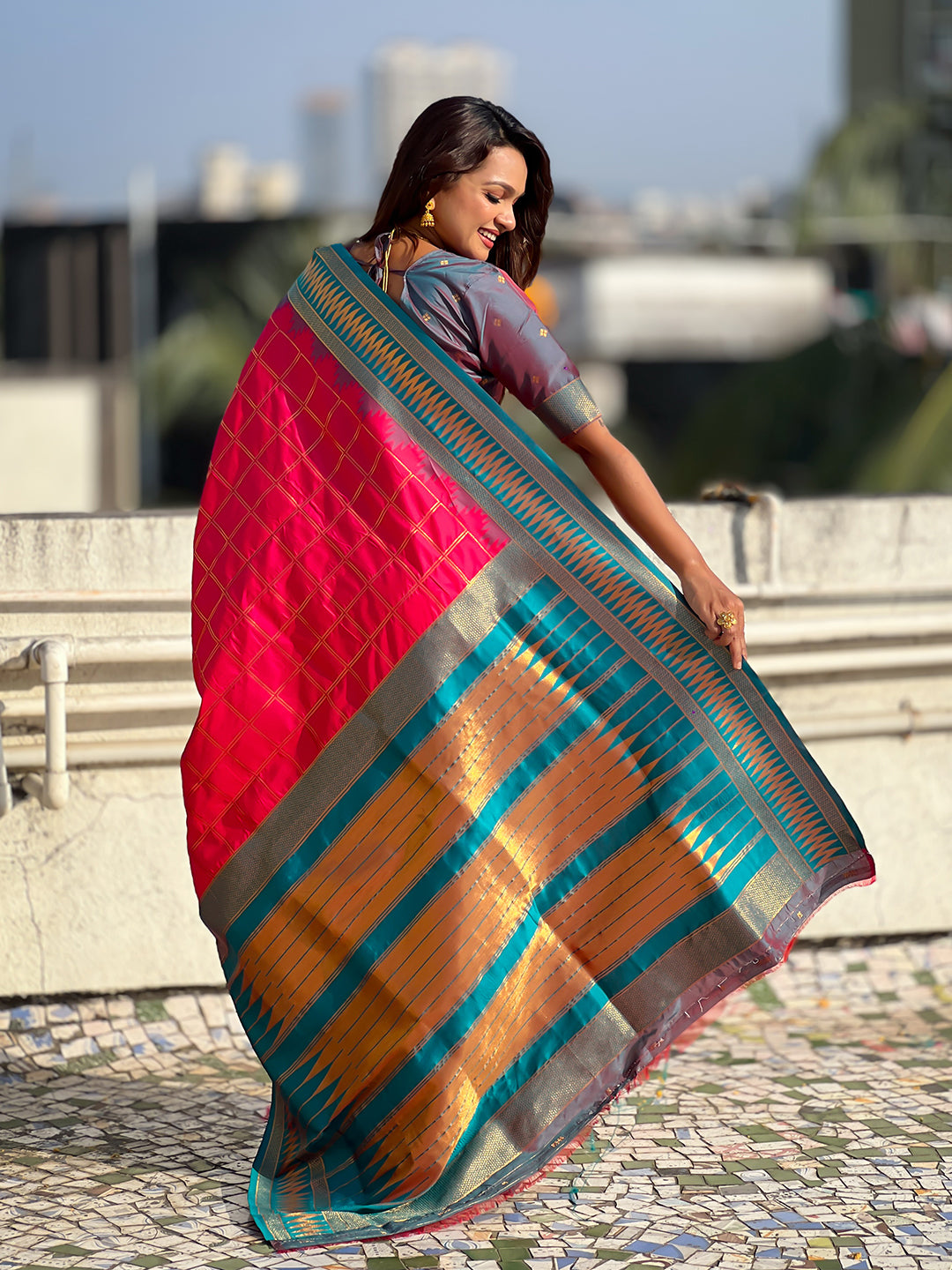 Pink soft silk checks traditional zari contrast woven saree