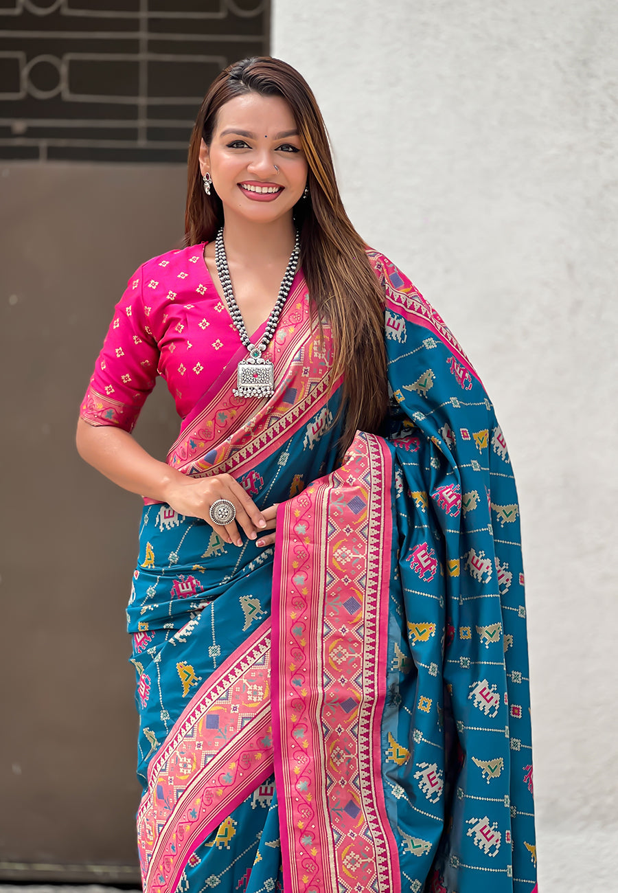 Denim blue soft silk zari woven patola leheriya saree with contrast weaves