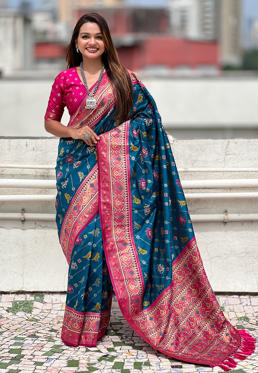 Denim blue soft silk zari woven patola leheriya saree with contrast weaves