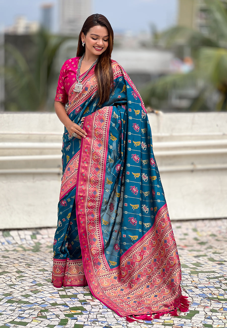 Denim blue soft silk zari woven patola leheriya saree with contrast weaves