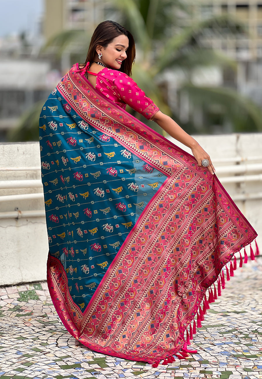 Denim blue soft silk zari woven patola leheriya saree with contrast weaves