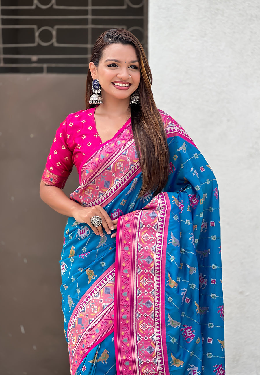 Blue soft silk zari woven patola leheriya saree with contrast weaves