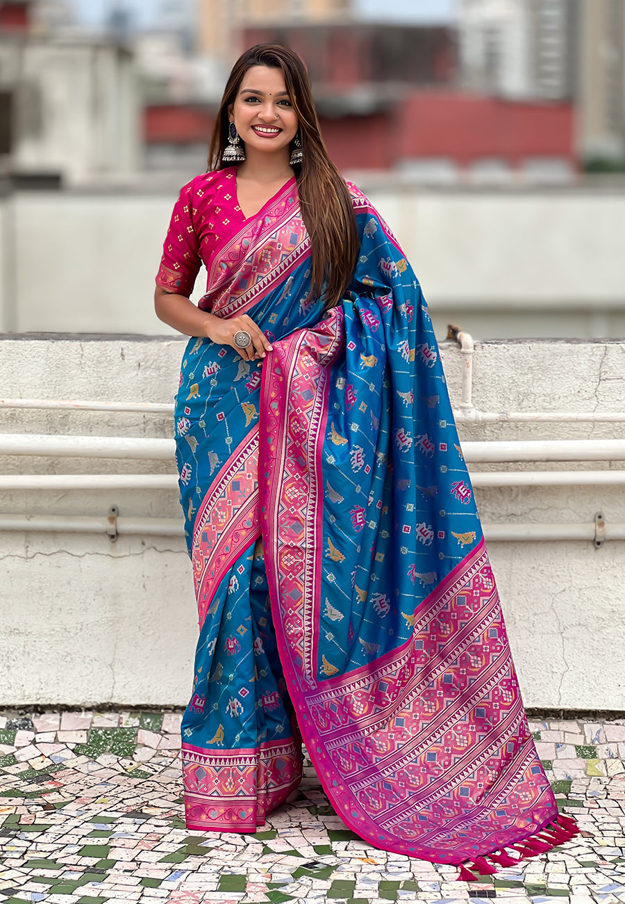 Blue soft silk zari woven patola leheriya saree with contrast weaves