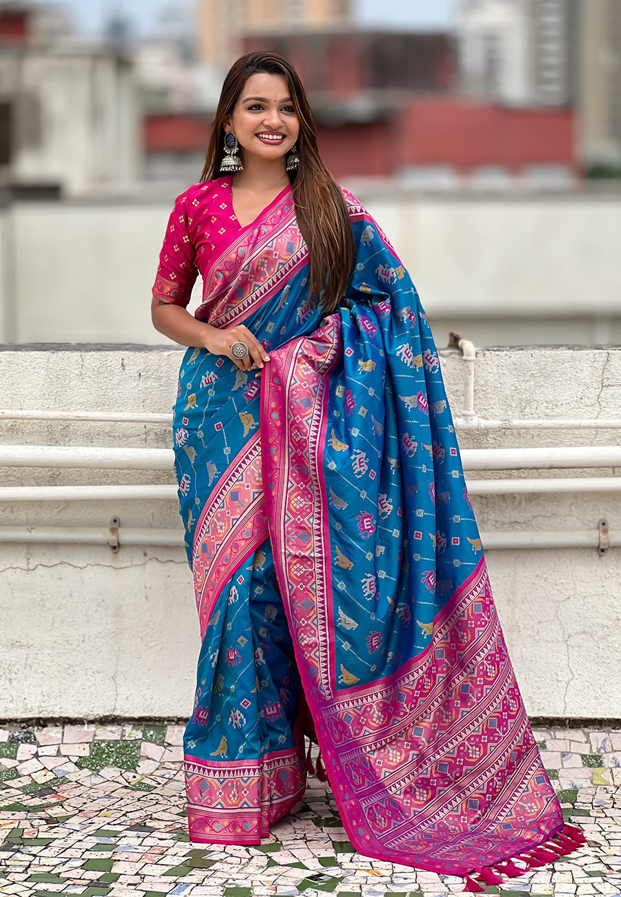 Blue soft silk zari woven patola leheriya saree with contrast weaves