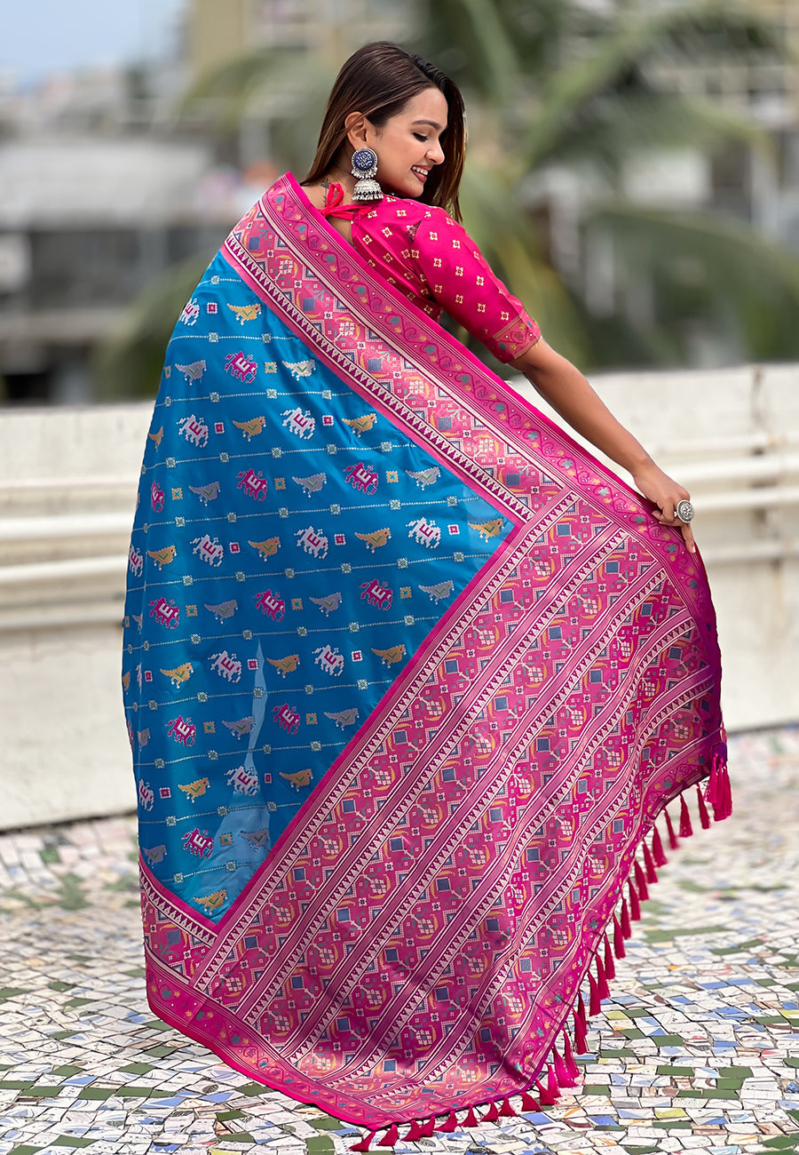 Blue soft silk zari woven patola leheriya saree with contrast weaves