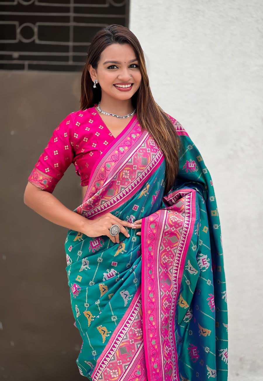 Green soft silk zari woven patola leheriya saree with contrast weaves