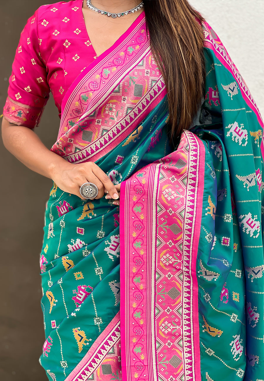 Green soft silk zari woven patola leheriya saree with contrast weaves