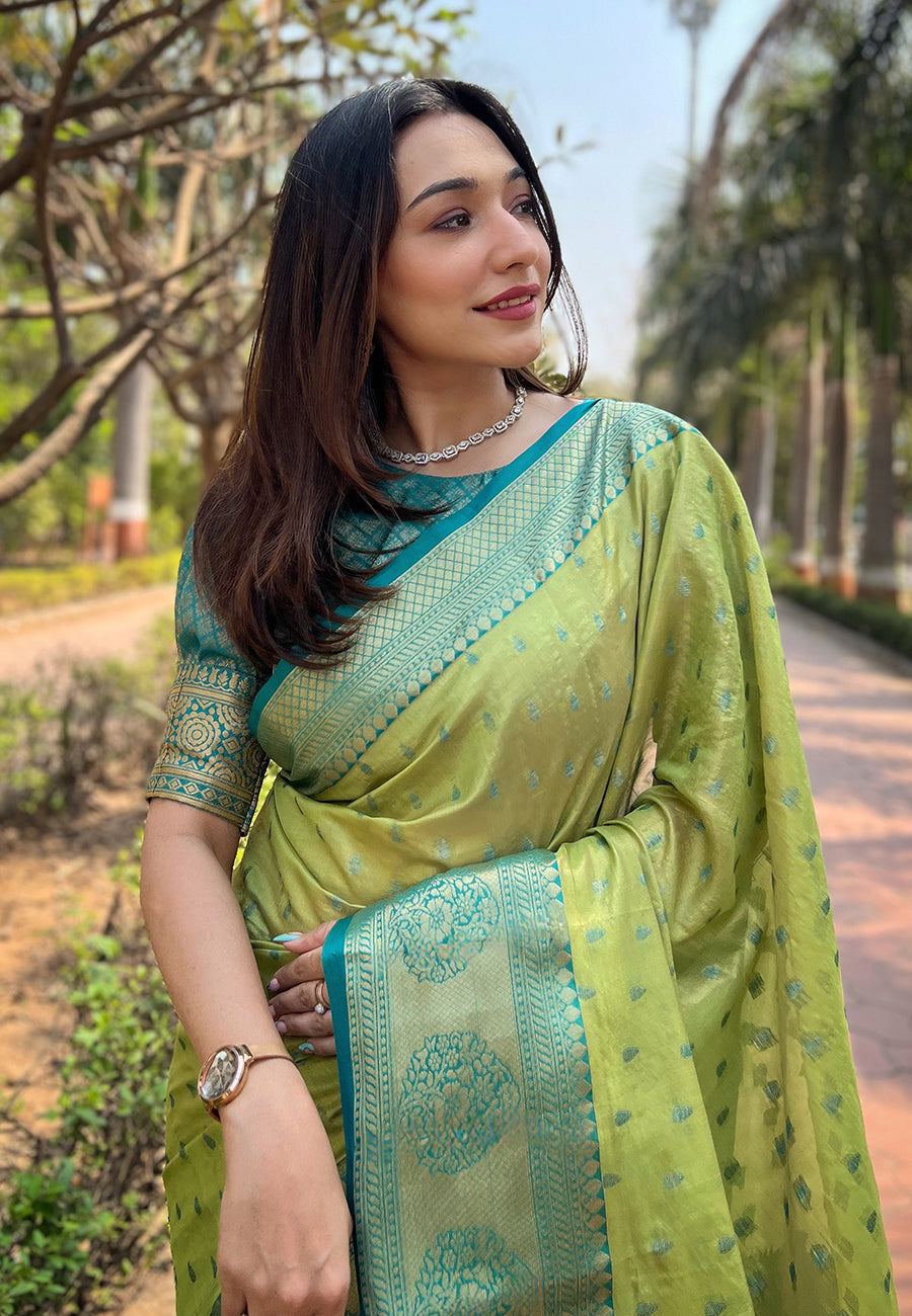 Green kanchipuram tissue silk traditional zari woven saree