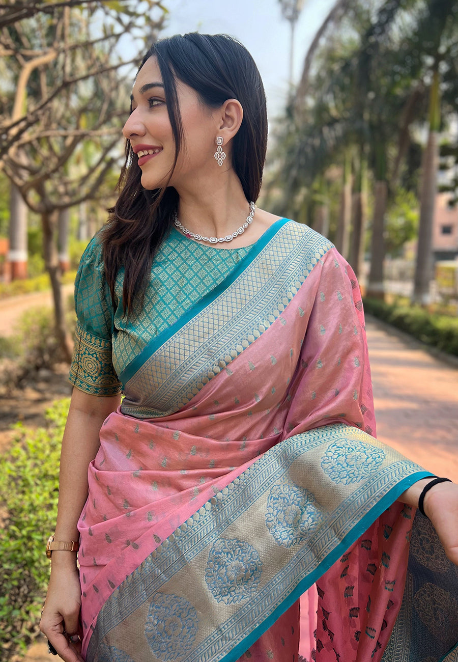 Baby pink kanchipuram tissue silk traditional zari woven saree