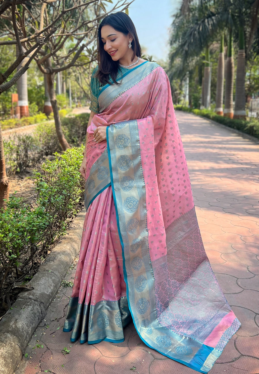 Baby pink kanchipuram tissue silk traditional zari woven saree
