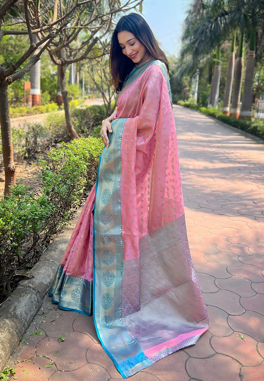 Baby pink kanchipuram tissue silk traditional zari woven saree