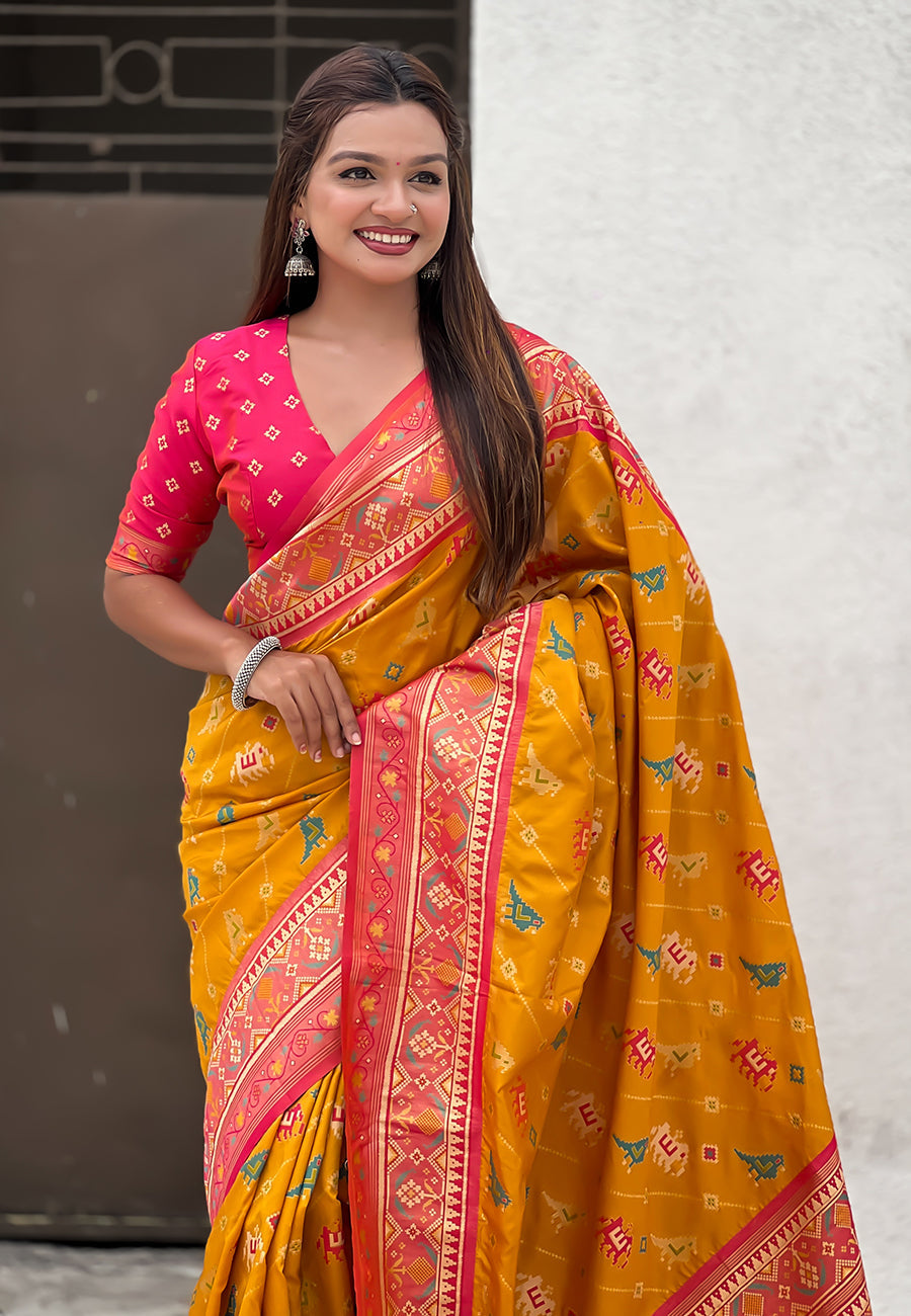 Mustard soft silk zari woven patola leheriya saree with contrast weaves