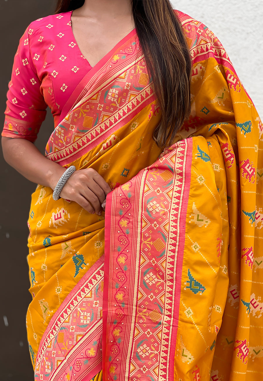 Mustard soft silk zari woven patola leheriya saree with contrast weaves