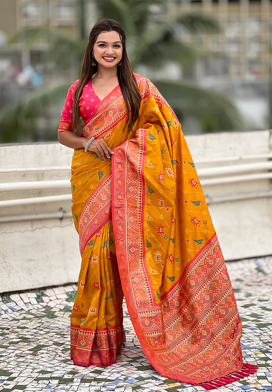 Mustard soft silk zari woven patola leheriya saree with contrast weaves