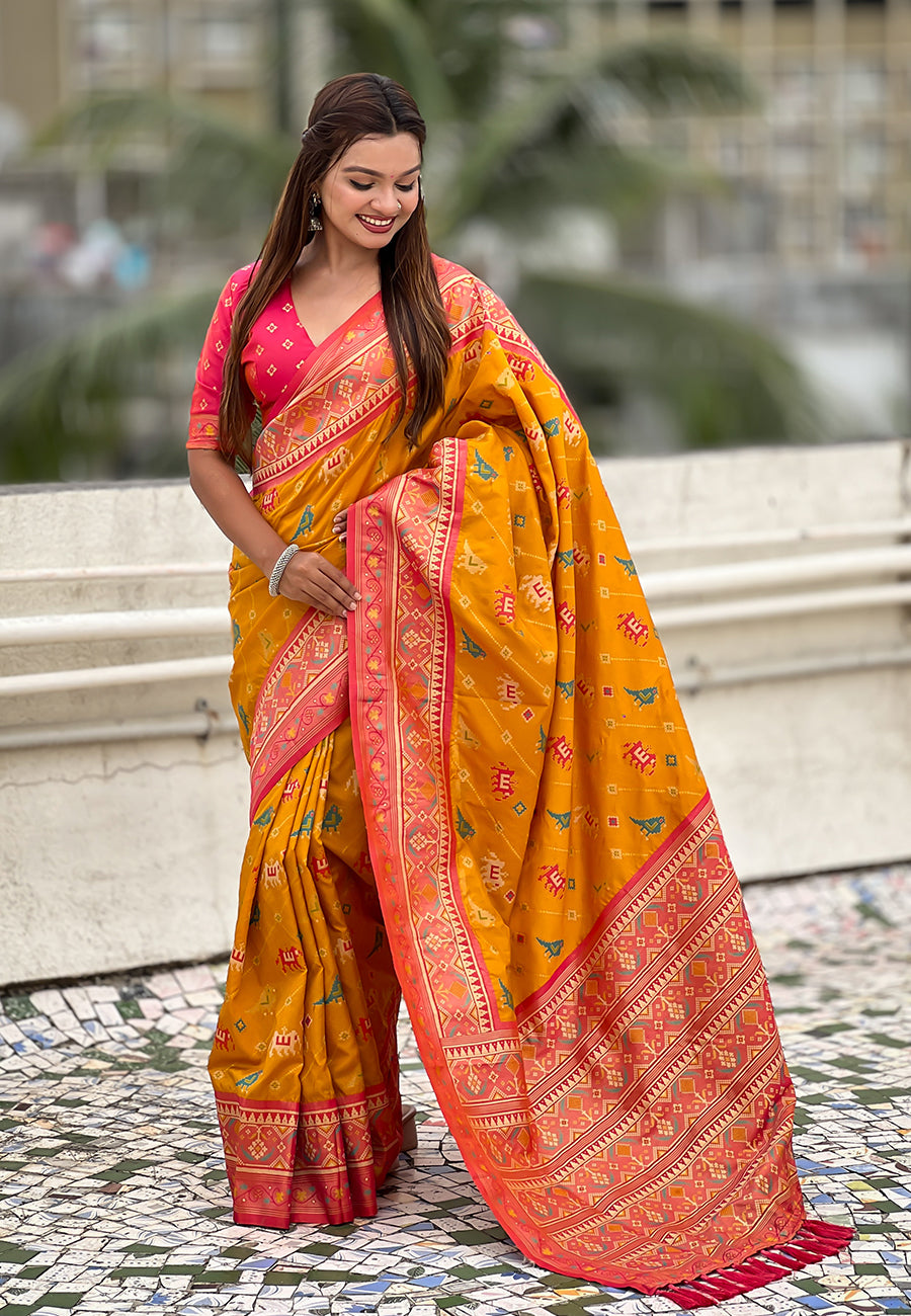 Mustard soft silk zari woven patola leheriya saree with contrast weaves