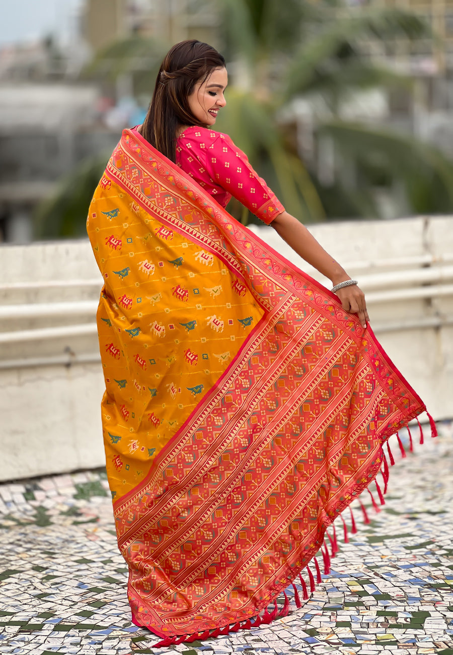 Mustard soft silk zari woven patola leheriya saree with contrast weaves