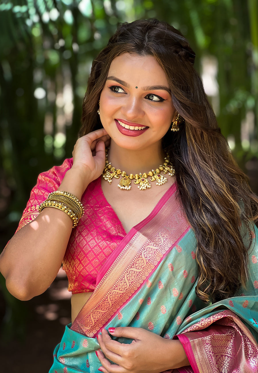 Blue kanjivaram tissue silk traditional zari woven saree
