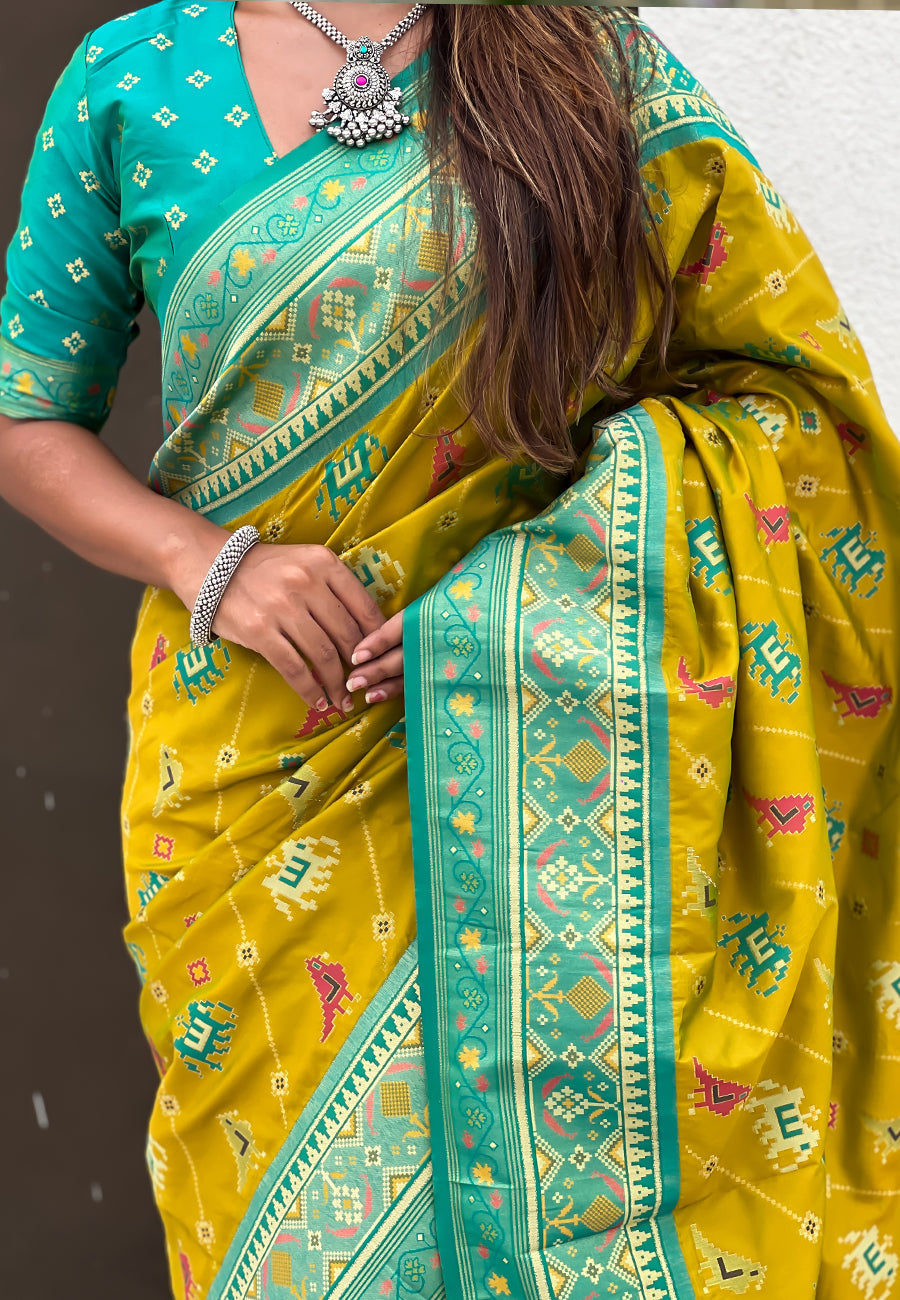 Mehendi green soft silk zari woven patola leheriya saree with contrast weaves