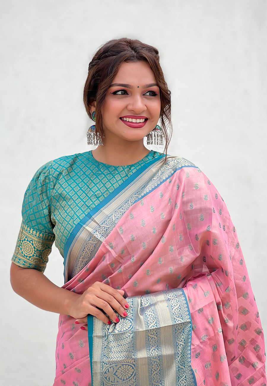 Baby pink kanjivaram tissue silk traditional zari woven saree