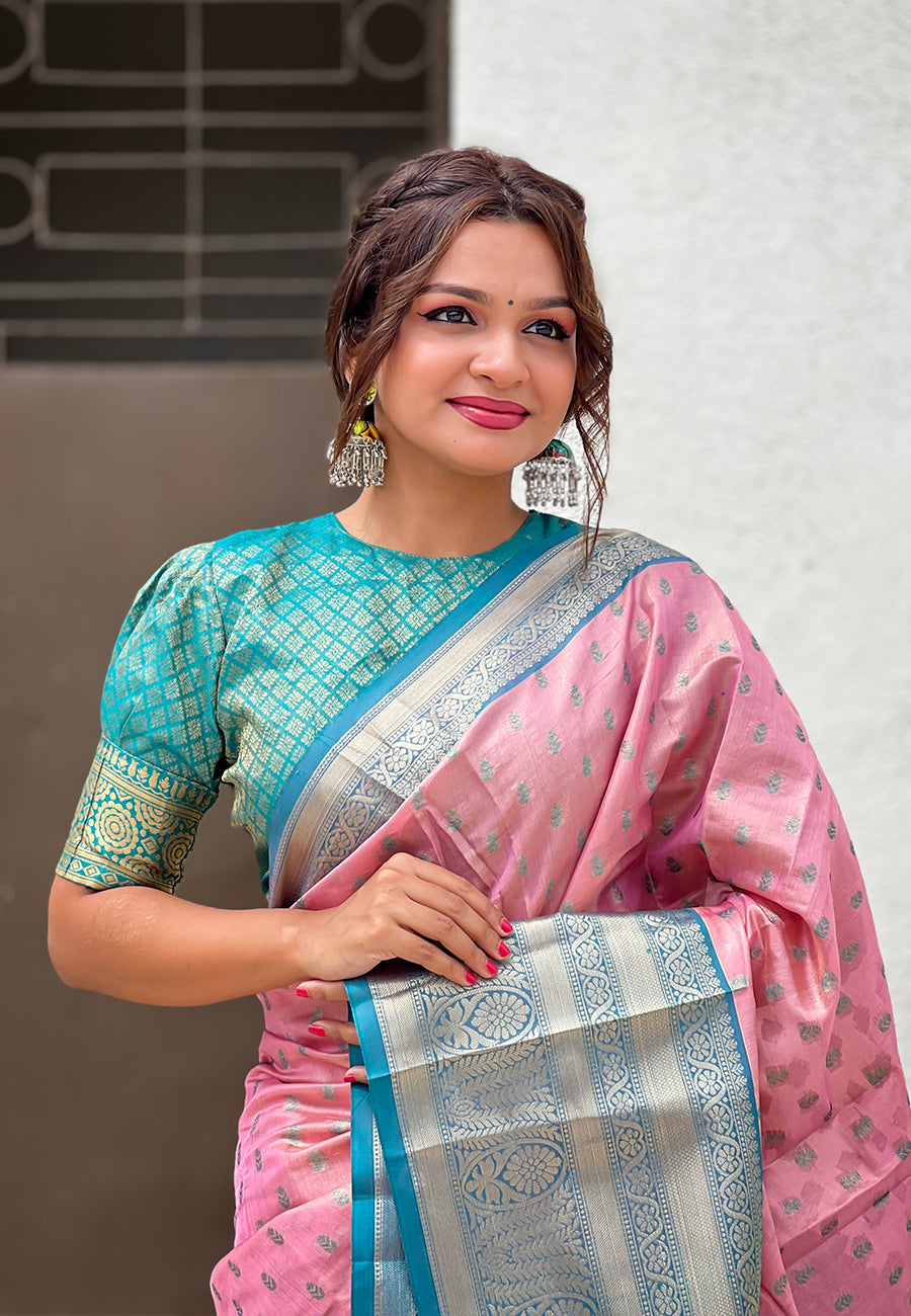 Baby pink kanjivaram tissue silk traditional zari woven saree