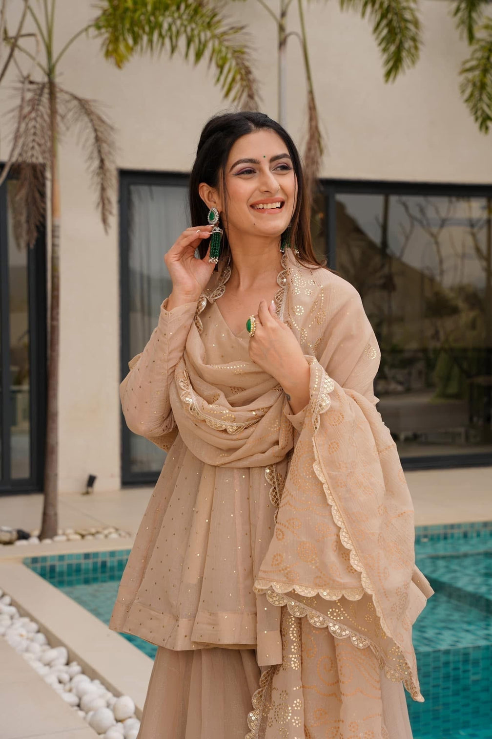 Beige peplum kurti sharara set with embroidered dupatta champagne gold party wear ethnic suit for women