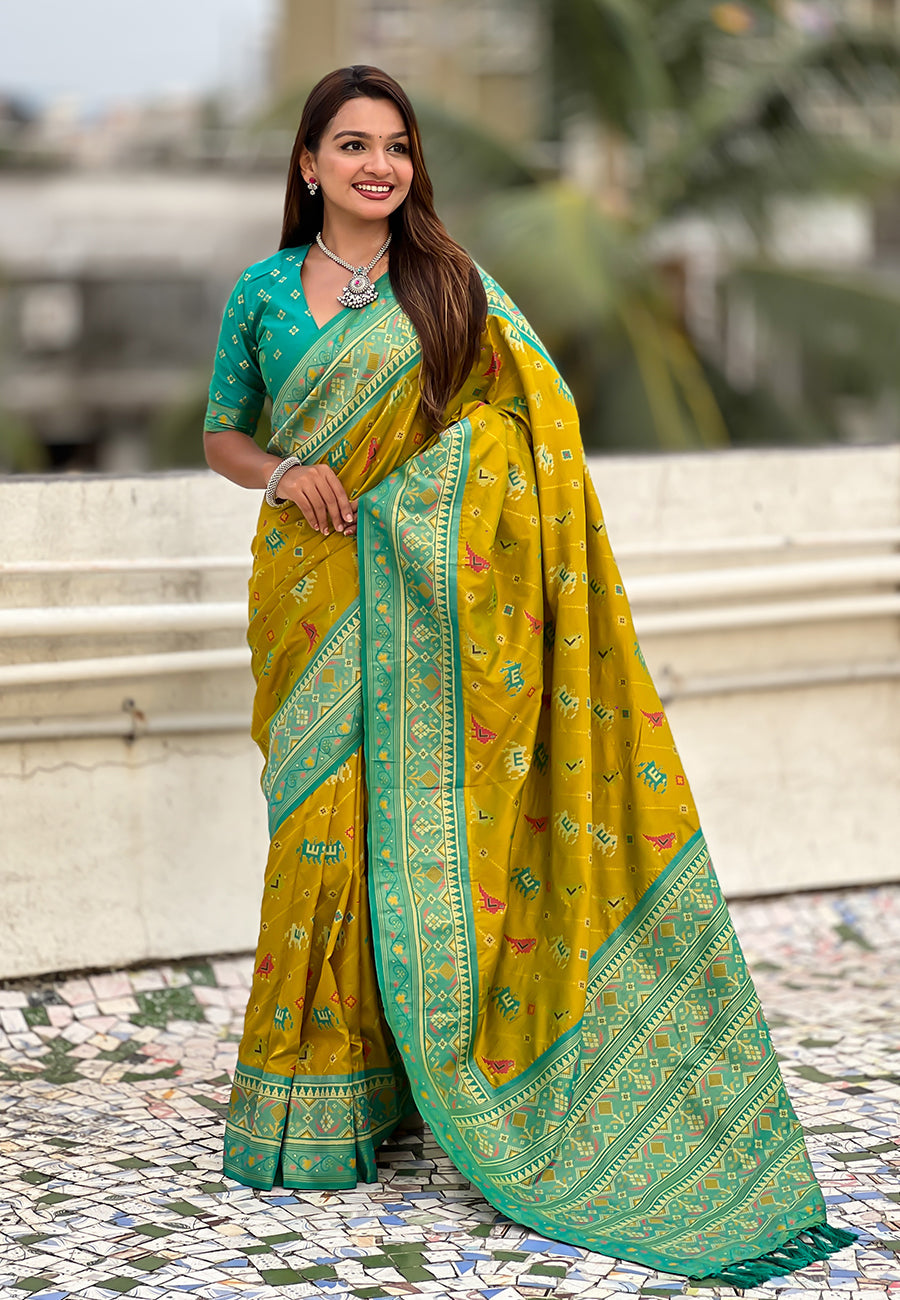 Mehendi green soft silk zari woven patola leheriya saree with contrast weaves
