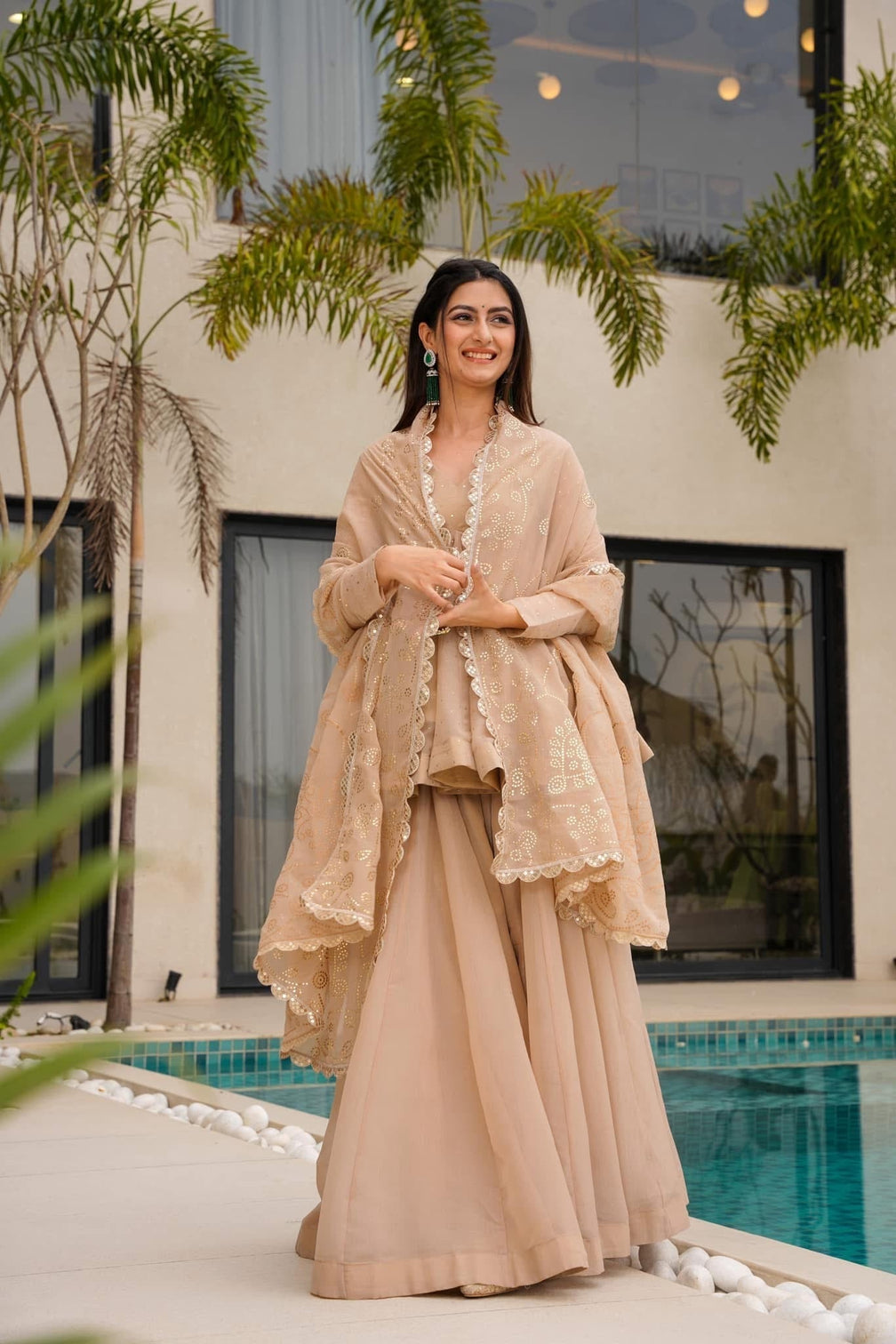 Beige peplum kurti sharara set with embroidered dupatta champagne gold party wear ethnic suit for women