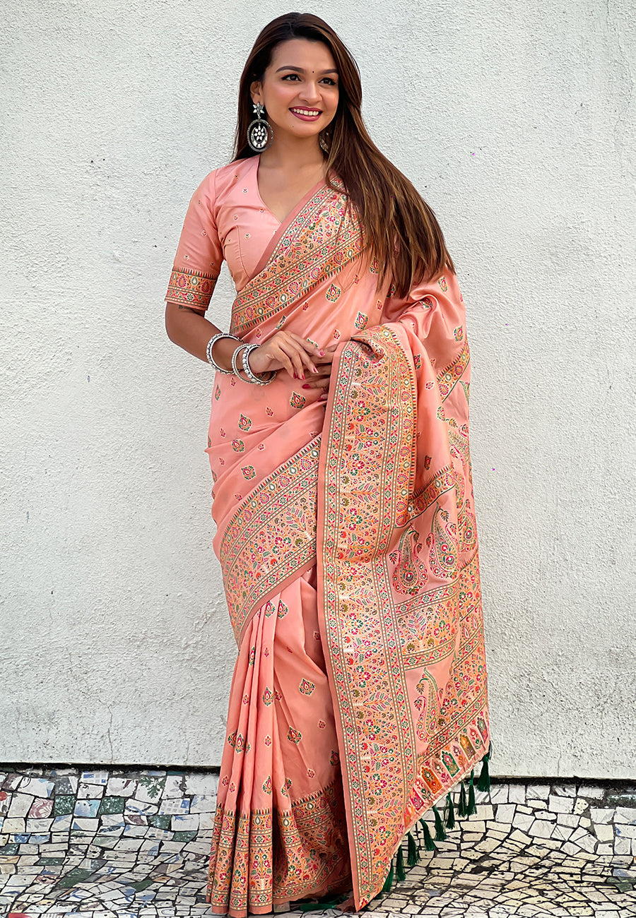 Peach pashmina kashmiri silk zari woven saree