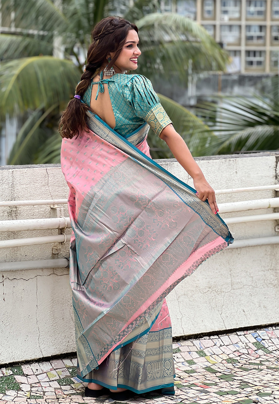 Baby pink kanjivaram tissue silk traditional zari woven saree
